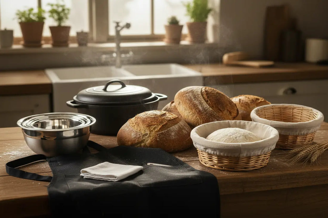 : Artisan sourdough kitchen scene with fermentation baskets, mixing bowls, and apron