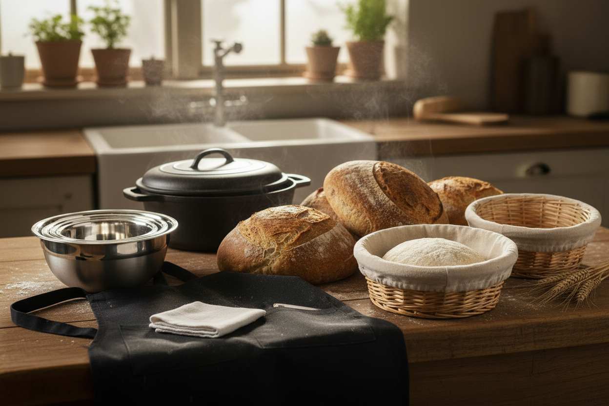 : Artisan sourdough kitchen scene with fermentation baskets, mixing bowls, and apron