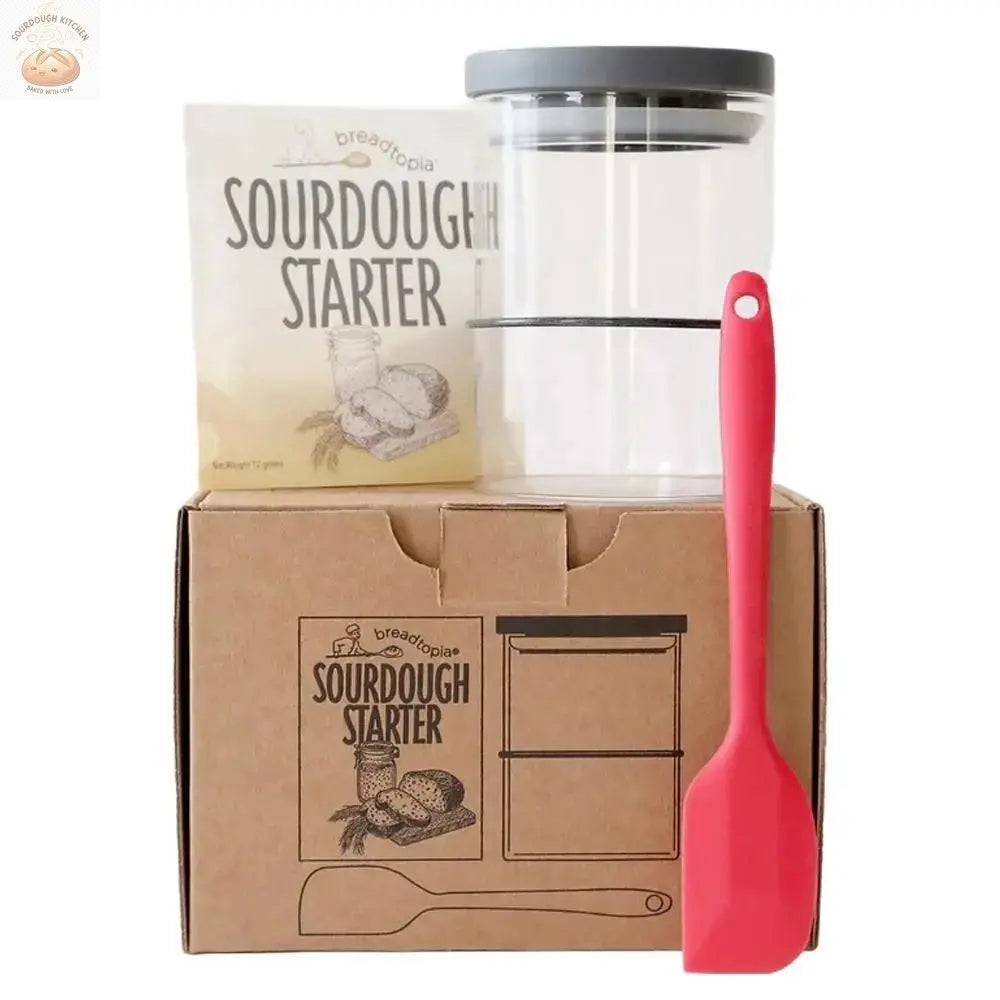 Breadtopia Sourdough Starter Kit with glass jar, spatula, and dry starter