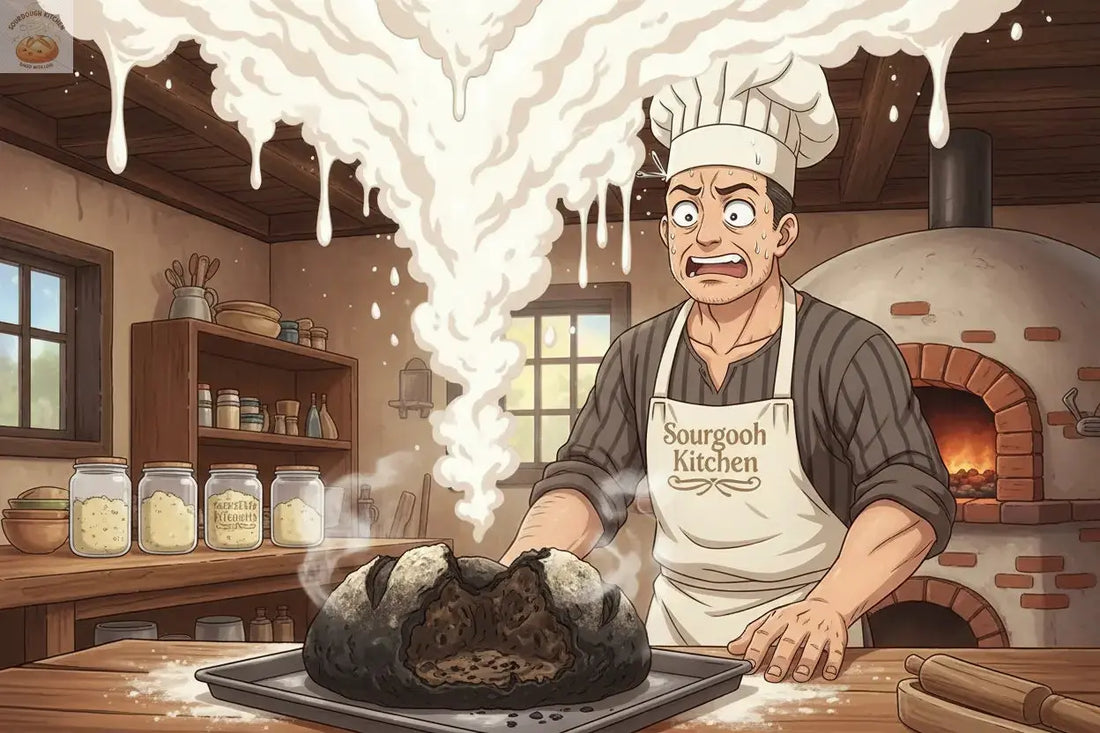 Image alt text: Anime artisan baker experiencing a humorous setback in a rustic kitchen with sourdough starter jars