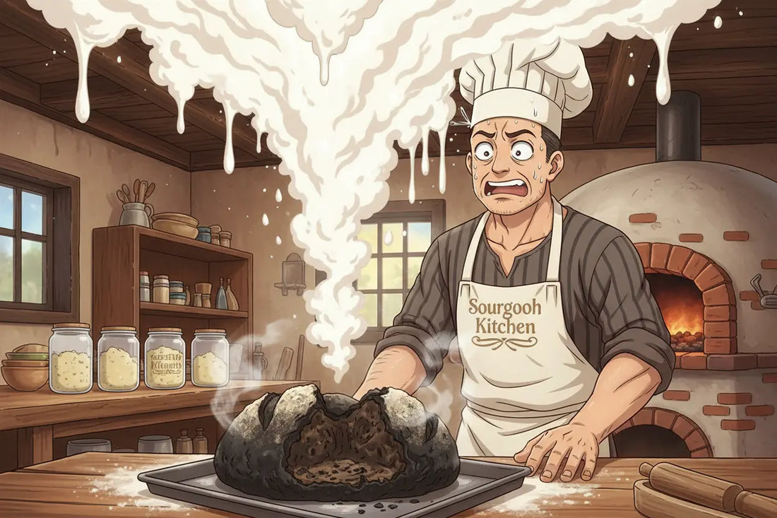 Image alt text: Anime artisan baker experiencing a humorous setback in a rustic kitchen with sourdough starter jars
