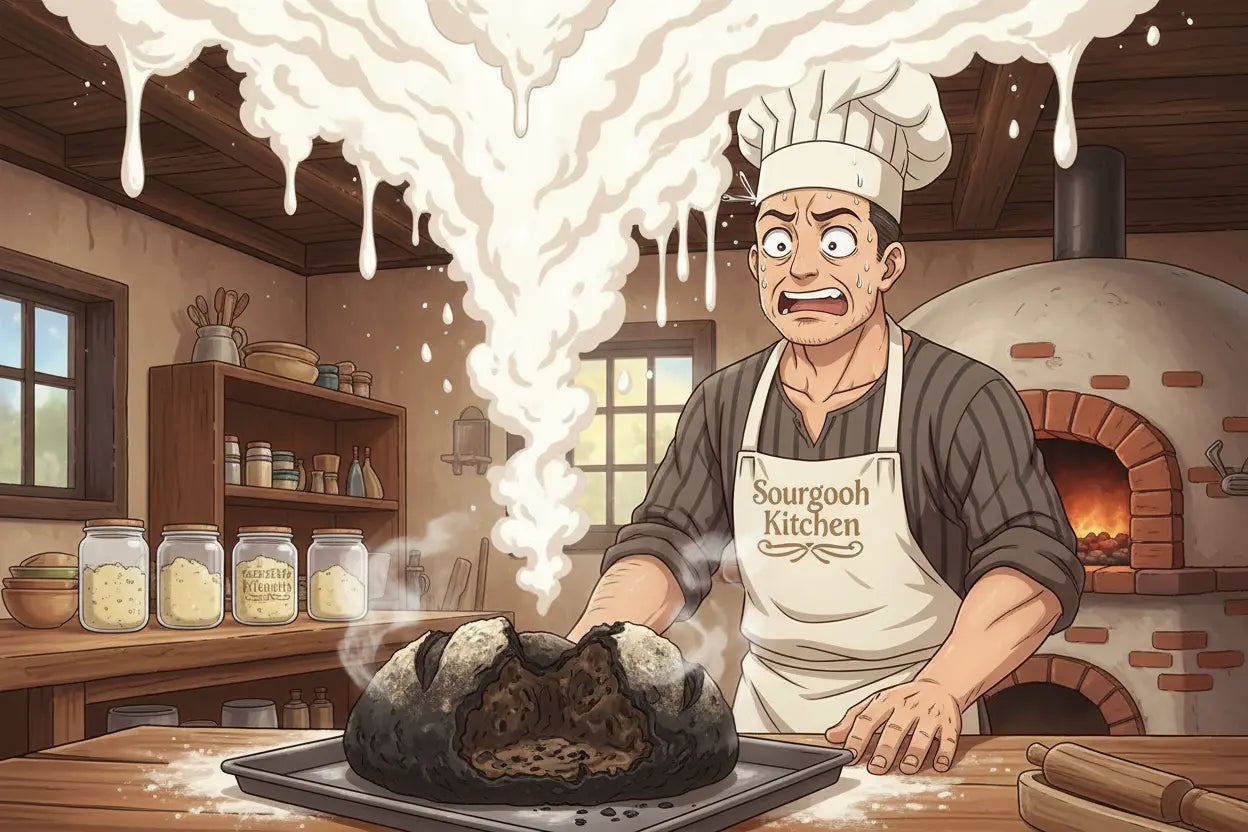 Image alt text: Anime artisan baker experiencing a humorous setback in a rustic kitchen with sourdough starter jars