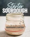 Book cover of 'Starter Sourdough' with a jar of sourdough starter on a neutral background