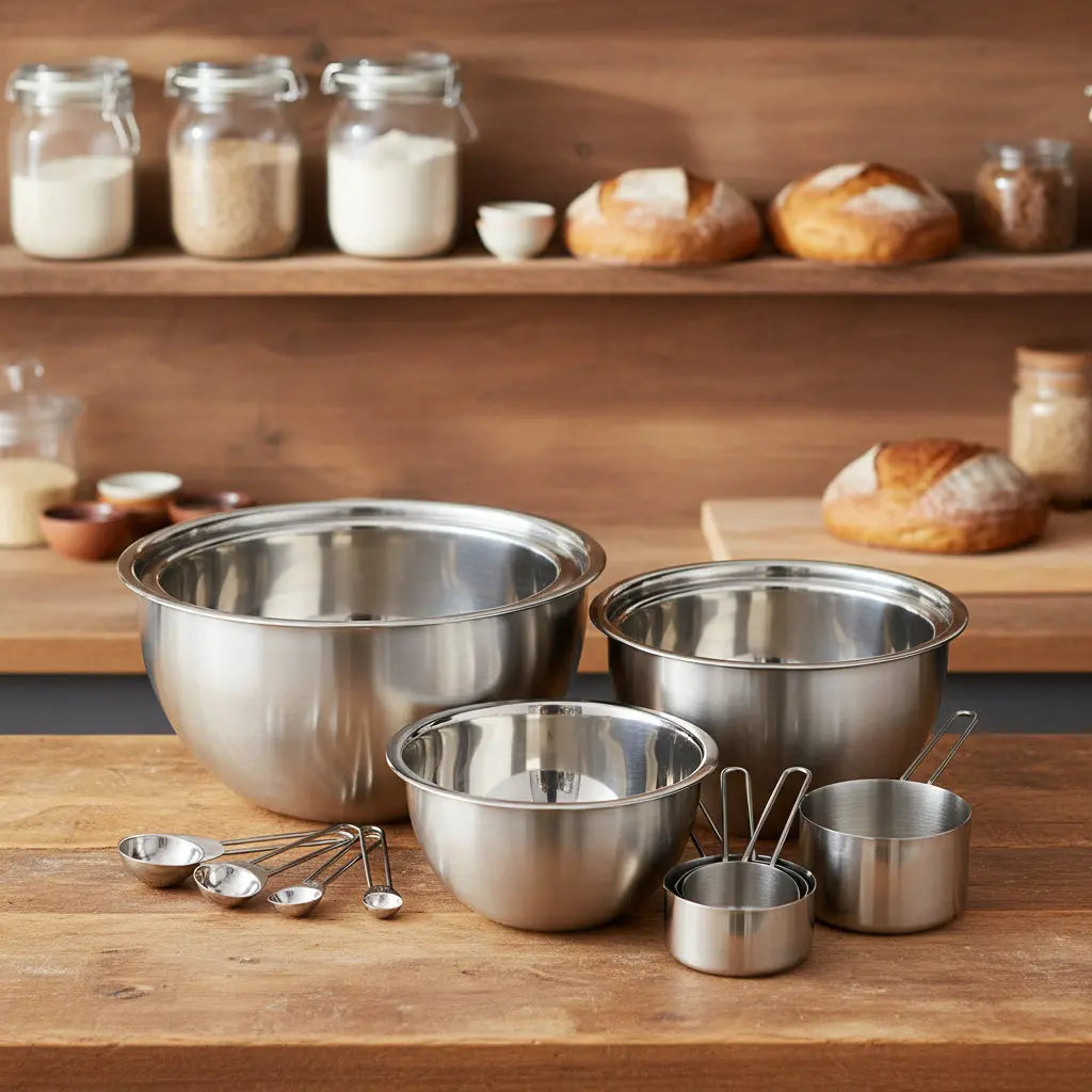 Set of stainless steel mixing bowls and measuring cups on a bakers background