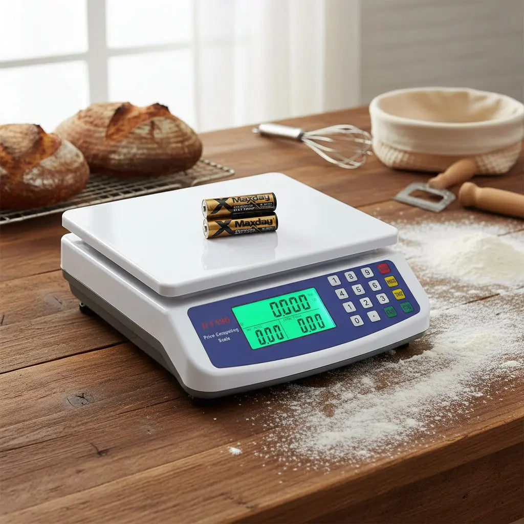 Digital price computing scale with batteries on a white background