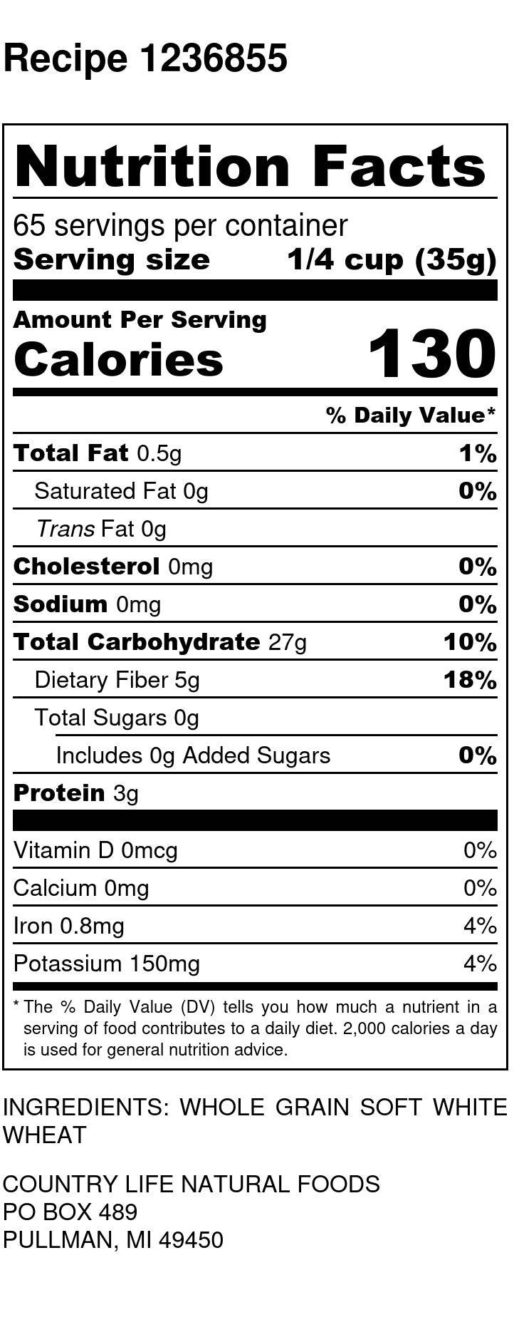 Whole Wheat Pastry Flour, Organic Country Life Natural Foods